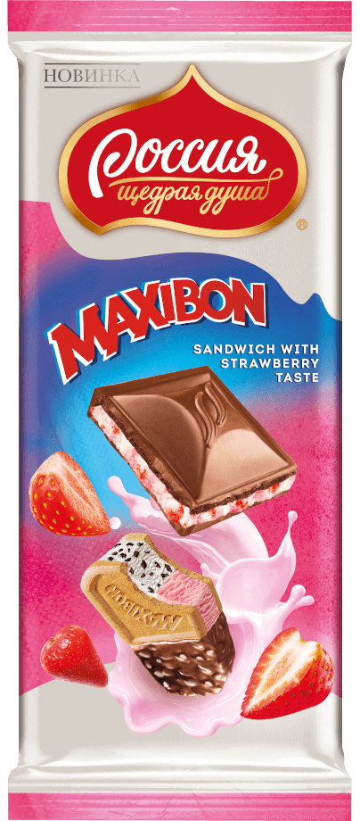 «Россия» - Щедрая Душа!® Maxibon. Sandwich with strawberry taste. Молочный шоколад с двухслойной начинкой со вкусом клубники и печеньем.